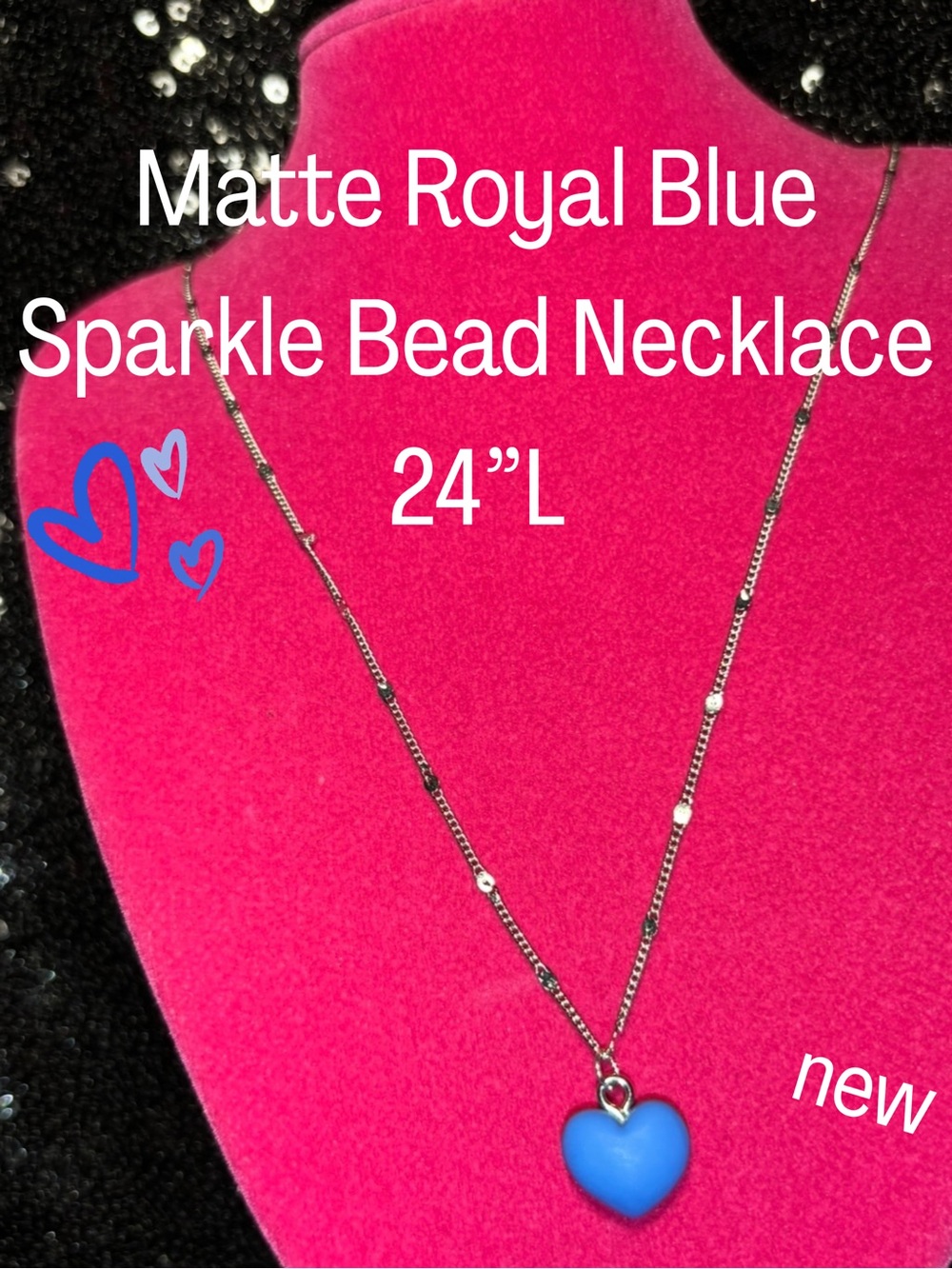 Matte Blue Heart Sparkle Shine Beaded Necklace Sterling Silver 925 gift mcbling